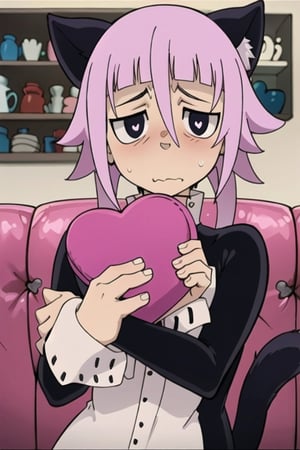 crona_soul_eater,pink hair,black eyes,cat_ears,cat_tail,shy,blushing,nervous,hair_over_eye,valentine's_day,facing_viewer,holding_object,heart-shaped_pupils