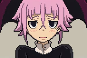 crona_soul_eater,pink hair,black eyes,Pixel art,blushing