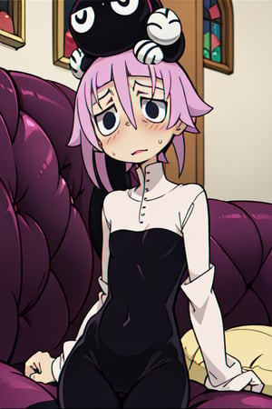 crona_,crona_soul_eater, pink_hair, black_eyes, shy, blush, wide_hips, androgynous, nonbinary, ambigious_gender, lying_down, on_sofa,black eyes