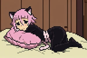 crona_soul_eater,pink hair,black eyes,Pixel art,blushing,cat_ears,cat_tail,full_body,cuddlingup,pillow