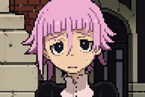 crona_soul_eater,pink hair,black eyes,Pixel art