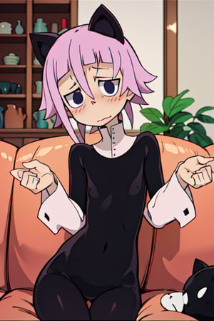 crona_soul_eater, pink_hair, black_eyes, shy, blush, wide_hips, androgynous, nonbinary, ambigious_gender, sitting_down, on_the_couch, looking_at_viewer, nekomata, cat_ears, cat_tail, hands_on_lap