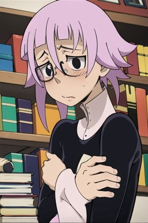 crona_soul_eater,pink hair,black eyes,glasses,blushing,books,nervous