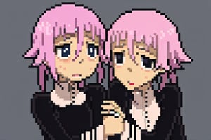 crona_soul_eater,pink hair,black eyes,Pixel art,blushing,holding_arm