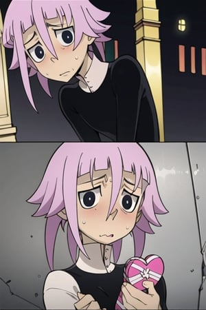 crona_soul_eater,pink hair,black eyes,shy,blushing,nervous,hair_over_eye,valentine's_day,facing_viewer,holding_object