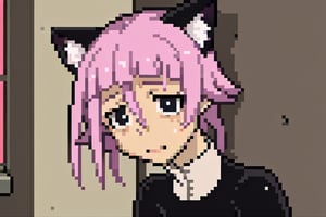 crona_soul_eater,pink hair,black eyes,Pixel art,blushing,cat_ears