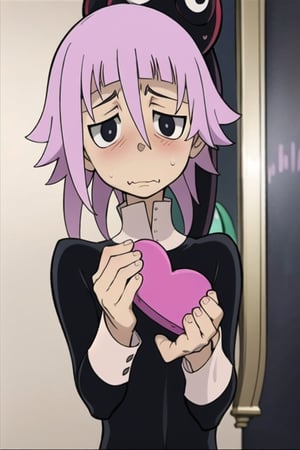 crona_soul_eater,pink hair,black eyes,shy,blushing,nervous,hair_over_eye,valentine's_day,facing_viewer,holding_object