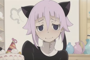 crona_soul_eater,pink hair,black_eyes,shy,happy_face,cake,happy_birthday,blushing,pov_eye_contact,looking_at_viewer,cat_ears,cat_tail,nekomata