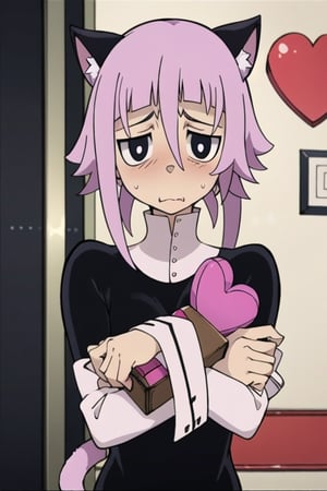 crona_soul_eater,pink hair,black eyes,cat_ears,cat_tail,shy,blushing,nervous,hair_over_eye,valentine's_day,facing_viewer,holding_object,heart-shaped_pupils