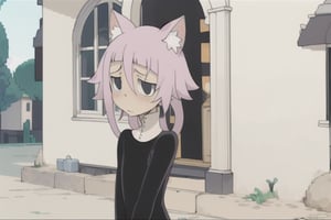 crona_soul_eater,pink hair,black eyes,Pixel art,blushing,cat_ears,cat_tail,full_body,shy,:)