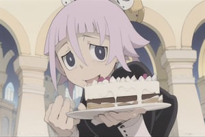 crona_soul_eater,pink hair,black_eyes,shy,wide_hips,happy_birthday,happy_face,holding_object,cake