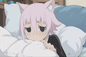 crona_soul_eater,pink hair,black eyes,Pixel art,blushing,cat_ears,cat_tail,full_body,pillow,Pixel world