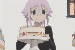 crona_soul_eater,pink hair,black_eyes,shy,wide_hips,happy_birthday,happy_face,holding_object,cake