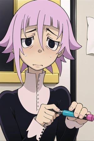 crona_soul_eater,pink hair,black eyes,shy,nervous,writing_utensil,paper,hair_over_eye,valentine's_day