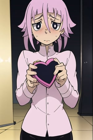 crona_soul_eater,pink hair,black eyes,shy,blushing,nervous,hair_over_eye,valentine's_day,facing_viewer,holding_object,heart-shaped_pupils,m legs