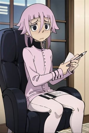 crona_soul_eater,pink hair,black eyes,shy,nervous,writing_utensil,paper,sitting_down