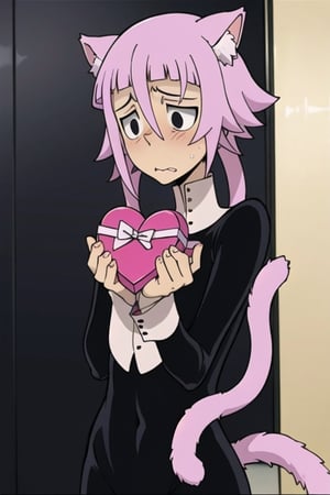 crona_soul_eater,pink hair,black eyes,cat_ears,cat_tail,shy,blushing,nervous,facing_away,valentines_day,chocolate_box