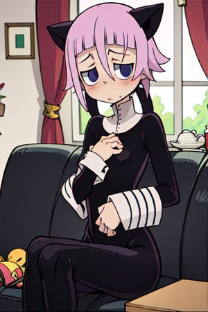 crona_soul_eater, pink_hair, black_eyes, shy, blush, wide_hips, androgynous, nonbinary, ambigious_gender, sitting_down, on_the_couch, looking_at_viewer, nekomata, cat_ears, cat_tail, hands_on_own_chest