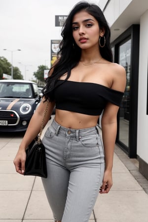 full body, head to toe, indian girl , Instagram influencer , black long hair, glossy juicy lips, small natural breast, small natural curvy ass, hot mini crop top, bare shoulder, off shoulders, wet chest, black jeans, high heels, cute purse in one hand, walking outside shopping mall , moaning, seductive face, provocative,hyper realstic