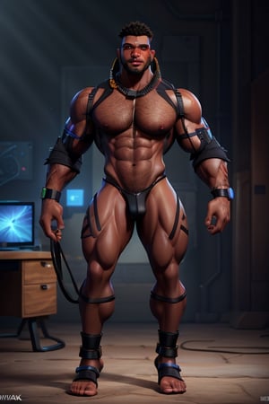 (((male only)))), (((natural body hair))), 4k definition, HD resolution, highly detailed, realistic lighting, dynamic poses, (((black skin african twink))), ((detailed eyes)), (hairy chest),  ((massive bulge)), (((hi-tech fantasy clothes))), sexy pose, handsome face