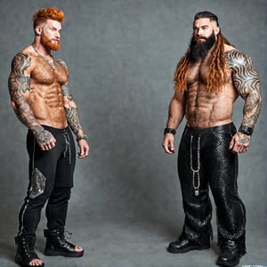 skinny pale ginger twink bright neon punk rocker hairy hunk, long beard, hairy arms, hairy chest, hairy groin, hairy legs, tight pants, chains, glowing tattoos in the dark, piercings, jerking each other
