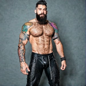 skinny twink bright neon punk rocker hairy hunk, long beard, hairy arms, hairy chest, hairy groin, hairy legs, tight pants, chains, glowing tattoos in the dark, piercings,
