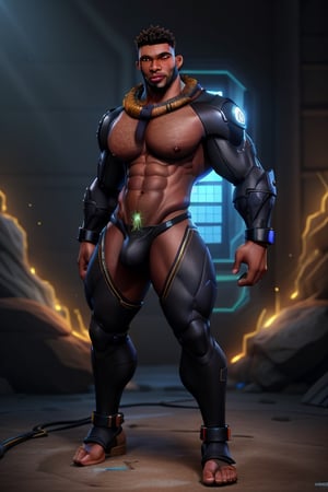 (((male only)))), (((natural body hair))), 4k definition, HD resolution, highly detailed, realistic lighting, dynamic poses, (((black skin african twink))), ((detailed eyes)), (hairy chest),  ((massive bulge)), (((hi-tech fantasy clothes))), sexy pose, handsome face