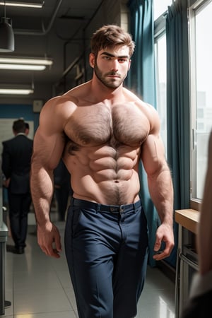 ((male only)), ((natural body hair)), (handsome big eyes), 4k definition, 
"Those two beautiful, nerdy men are negotiating us to safety using the power of math.",(1man),best quality,muscular,brown eyes