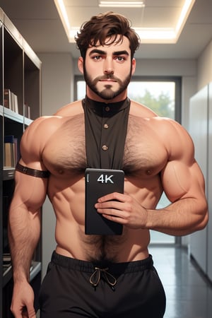 ((male only)), ((natural body hair)), (handsome big eyes), 4k definition, 
"Those two beautiful, nerdy men are negotiating us to safety using the power of math.",(1man),best quality,muscular,brown eyes