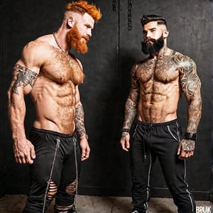 skinny pale ginger twink bright neon punk rocker hairy hunk, long beard, hairy arms, hairy chest, hairy groin, hairy legs, tight pants, chains, glowing tattoos in the dark, piercings, jerking each other
