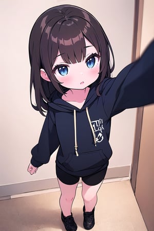 chibi, 1girl, straight selfie, dark brown hair, dark blue eyes, long dark brown hair, wearing all black drawstring hoodie, black shorts