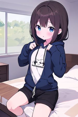 chibi, 1girl, soft and silky chest length dark brown hair, dark blue eyes, 3 foot long dark brown hair, full black drawstring hoodie, black shorts, in house, bedroom