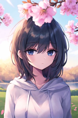 hd, HDR, UHD, 4k, 2k, 6k, 8k, ultra HD, high graphics, best graphics, highest quality, best quality, ultra quality, (((masterpiece))), (((best quality))), ((ultra-detailed)), (illustration), (detailed light), an extremely delicate and beautiful, beautiful detailed eyes, sunlight, cherry blossoms, Ishimi, zoomed out, cropped hoodie