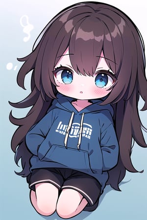 chibi, 1girl, long and soft and silky dark brown hair, dark blue eyes, 3 foot long dark brown hair, full black drawstring hoodie, black shorts, 