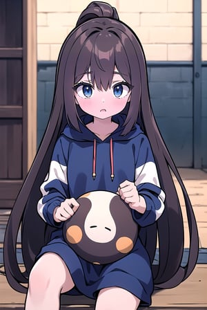 hd, HDR, UHD, 4k, 2k, 6k, 8k, ultra HD, high graphics, best graphics, highest quality, best quality, ultra quality, stunning details, adult, 1girl, dark brown hair, long hair, bushy hair, dark blue eyes, long dark brown hair, wearing all black drawstring hoodie, long_hair, longhair, bushy hair, :)