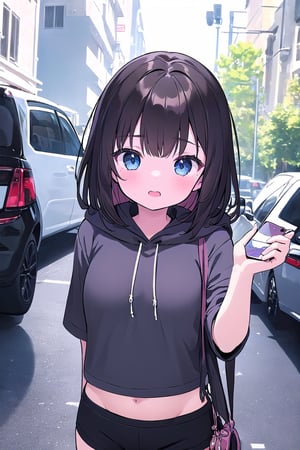 chibi, 1girl, straight selfie, dark brown hair, dark blue eyes, long dark brown hair, wearing all black drawstring hoodie, black shorts, Honda Civic type R fk8 2020 model in background, streets