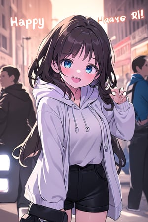 High quality, adorable, dramatic lighting, romantic lighting, 4k, 6k, 8k, HDR, HD, highest quality, UHD, 1girl, dark blue eyes, extra super super long dark brown hair, wearing all black drawstring hoodie, hood on head, black shorts, cute, cute pose, love, romance, smiling wide, happy expression, car meet, showing hand with shiny diamond ring on finger, laughing