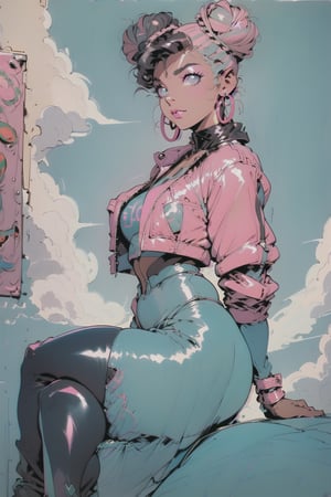 ((Beautiful curvaceous female sitting on clouds)), black hairstyles, ((double buns pink hairstyle)), shiny skin, Structured face, symmetrical profile, (midriff), BREAK, thunderous clouds, stormy clouds, dark sky, BREAK,  holding a milktea, happy or smiling or laughing, wearing a neon colored jacket, thigh harness, ((shinobi)), (black heels), high fashion heels, hoop earrings, ((illustration by BASQUIAT)), ((Soft pastel colors))), 1980s and 1990s anime, (((masterpiece))), perfect face, full lips, 1980s \(style\), 1990s \(style\), depth of field, cinematic angles, visually striking