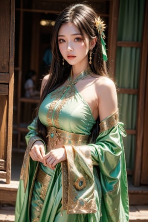  a girl of Taiwanese aboriginal descent, beautiful colorful glazed color, big green bright eyes, perfect beauty, wearing a beautiful Taiwanese traditional Atayal princess costume, Kitsch maximalist fashion style. The linen weaved by oneself is used as clothing material, and the linen made entirely of ramie is called Malatsa. The composition of Atayal men's and women's clothing: Atayal traditional clothing combines the forms of sewn and draped clothing, and is very colorful. full of happiness, whole body.