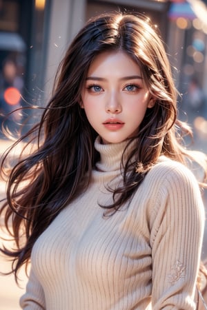  a beautiful woman with blue eyes and rainbows hair, wearing a warm sweater and a stylish turtleneck. Her upper body is depicted with realistic details, showcasing the subtle charm of parted lip. The scene captures the essence of a cozy winter day, with her hair slightly messy, giving a touch of natural elegance. Generate hyper realistic image ofcinematic lights,aesthetic,1 girl, getting high while dancing,egyptian arabian,cleopetra,magical beauty,film grain,particles,beautiful,alluring,intricately detailed,skimpy