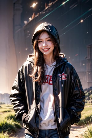 1girl, solo, long hair, looking at viewer, smile, brown hair, black hair, standing, jacket, outdoors, sky, teeth, hood, grin, hoodie, night, hood down, grass, star \(sky\), night sky, starry sky, realistic, hands in pockets, shooting star, red hoodie