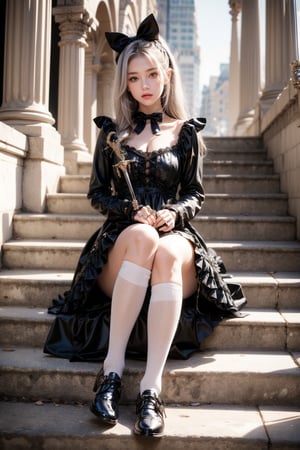 1girl, solo, looking at viewer, long sleeves, dress, bow, holding, sitting, closed mouth, full body, weapon, white hair, hair bow, outdoors, frills, shoes, socks, sword, black footwear, holding weapon, blurry, black dress, grey eyes, kneehighs, holding sword, white bow, white socks, building, lolita fashion, stairs, gothic lolita