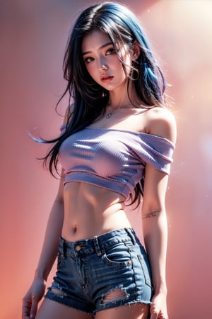 1girl, solo, long hair, breasts, looking at viewer, blush, bangs, shirt, black hair, navel, bare shoulders, medium breasts, blue hair, standing, purple eyes, collarbone, short sleeves, sidelocks, thighs, multicolored hair, cowboy shot, parted lips, shorts, midriff, hand up, off shoulder, stomach, two-tone hair, crop top, short shorts, black shorts, pink background, blue shirt, denim, blue shorts, denim shorts, colored inner hair, off-shoulder shirt, crop top overhang, micro shorts, bra strap, professional style, pretty detailed, very beautiful girl, elegant woman, masterpiece quality.,anime style