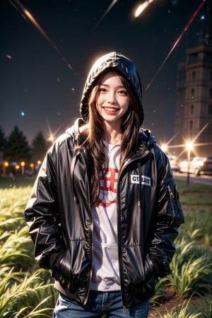 1girl, solo, long hair, looking at viewer, smile, brown hair, black hair, standing, jacket, outdoors, sky, teeth, hood, grin, hoodie, night, hood down, grass, star \(sky\), night sky, starry sky, realistic, hands in pockets, shooting star, red hoodie