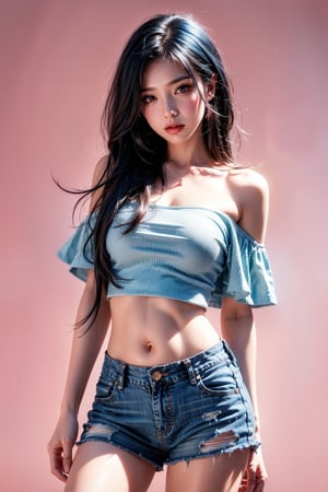 1girl, solo, long hair, breasts, looking at viewer, blush, bangs, shirt, black hair, navel, bare shoulders, medium breasts, blue hair, standing, purple eyes, collarbone, short sleeves, sidelocks, thighs, multicolored hair, cowboy shot, parted lips, shorts, midriff, hand up, off shoulder, stomach, two-tone hair, crop top, short shorts, black shorts, pink background, blue shirt, denim, blue shorts, denim shorts, colored inner hair, off-shoulder shirt, crop top overhang, micro shorts, bra strap, professional style, pretty detailed, very beautiful girl, elegant woman, masterpiece quality.,anime style