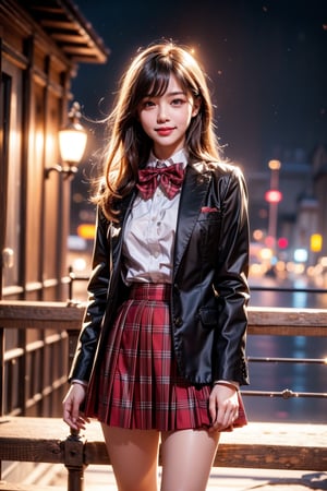 1girl, solo, looking at the audience, smiling, lips, shut up, long hair, brown hair, bangs, shirt, collared shirt, white shirt, long sleeves, bow tie, bow tie, red bow tie, red bow tie, plaid bow, school uniform, blazer, plaid, skirt, pleated skirt, plaid skirt, standing, outdoor, sky, water, blur, night, night sky, realistic, railing.