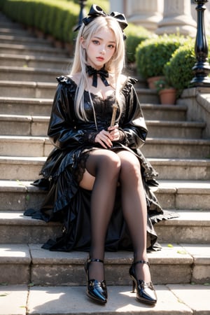 1girl, solo, looking at viewer, long sleeves, dress, bow, holding, sitting, closed mouth, full body, weapon, white hair, hair bow, outdoors, frills, shoes, socks, sword, black footwear, holding weapon, blurry, black dress, grey eyes, kneehighs, holding sword, white bow, white socks, building, lolita fashion, stairs, gothic lolita