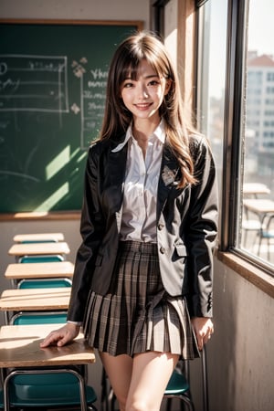 1girl, solo, long hair, looking at viewer smile, open mouth, skirt, brown hair, shirt, long sleeves, school uniform, standing, jacket, white shirt, pleated skirt, open clothes, socks, collared shirt, indoors, open jacket, lips, black jacket, parted bangs, plaid, window, chair, blazer, desk, grey skirt, realistic, classroom, school desk, school chair