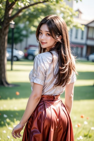 1girl, solo, long hair, looking at viewer, smile, skirt, brown hair, shirt, brown eyes, standing, white shirt, flower, outdoors, day, looking back, from behind, blurry, tree, red skirt, grass