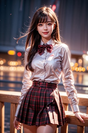 1girl, solo, looking at the audience, smiling, lips, shut up, long hair, brown hair, bangs, shirt, collared shirt, white shirt, long sleeves, bow tie, bow tie, red bow tie, red bow tie, plaid bow, school uniform, blazer, plaid, skirt, pleated skirt, plaid skirt, standing, outdoor, sky, water, blur, night, night sky, realistic.